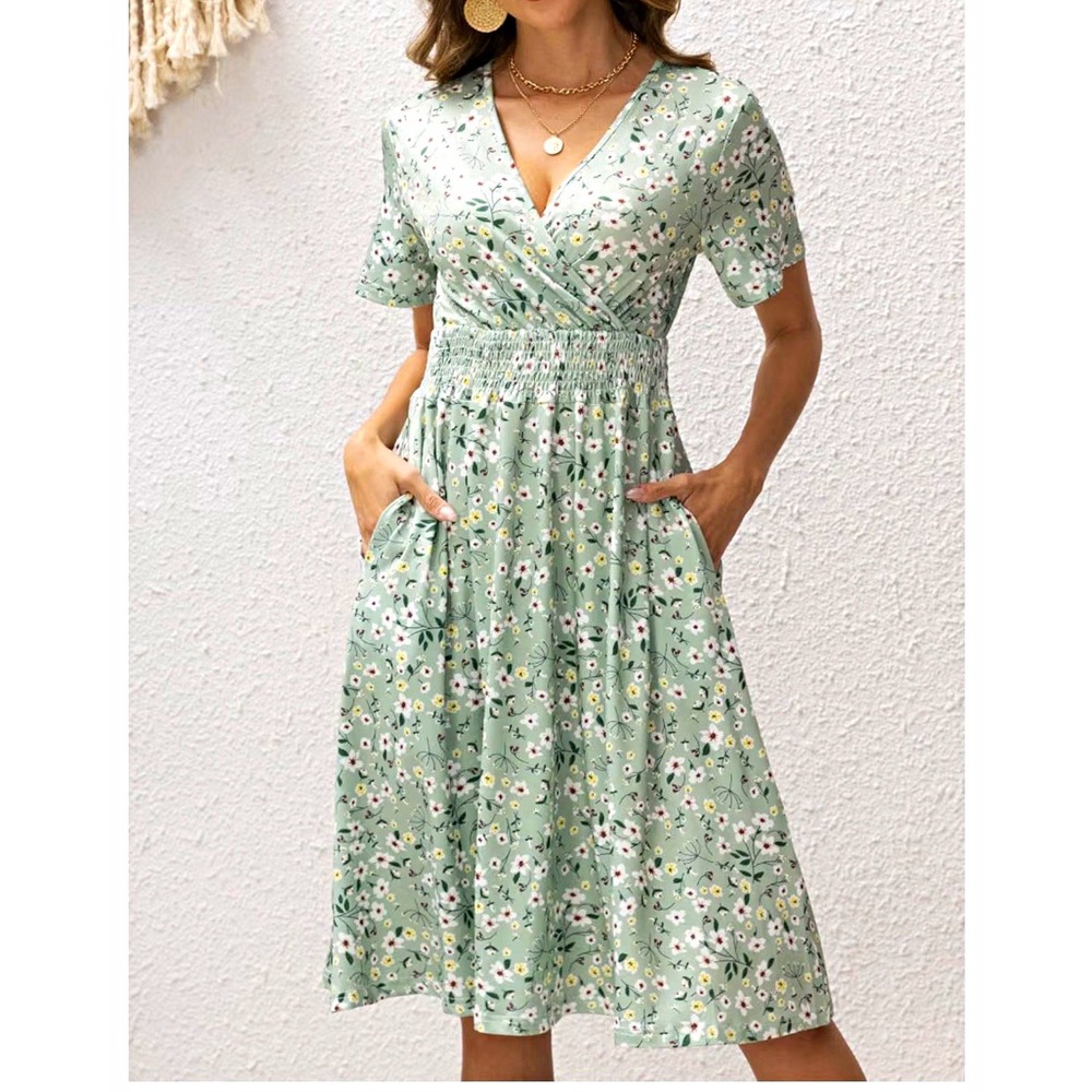HEBELD Women's Green Floral V-Neck Short Sleeve Knee Length Dress Pockets sz L